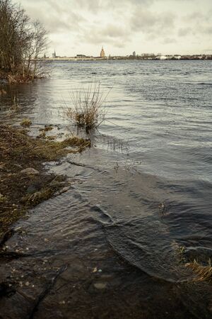 dirty lake with trees and dust in the water at sunset in autumnの写真素材
