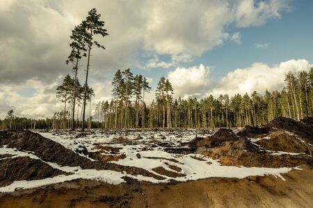 construction site of new road in forest in winter with snow and mud
