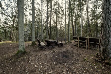 resting camping place in the woods with benches and trail in late autumn in Latviaの写真素材
