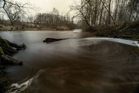 Scenic view of forest river Mergupe in Latvia in winter with no snow. slow shutter speedの写真素材