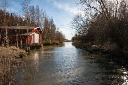 rocky coastline in Finland with few pine trees and calm water in summerのeditorial素材