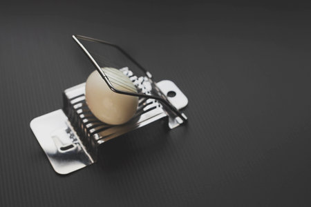 Freshly boiled egg about to sliced with wire cutterの写真素材