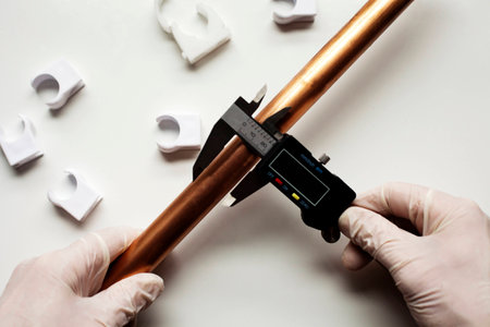 Plumber assembles copper pipes, cutter and plastic fixings on work benchの写真素材