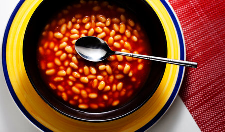 Top down view of bowl of baked beans within black bowl on to of another.の写真素材