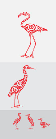 Bird icon set, heron,egret,flamingo and duck, art vector decorationのイラスト素材