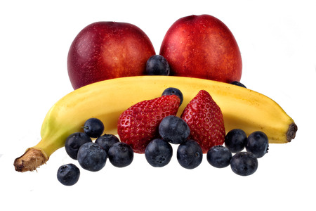 Strawberry and some other fresh fruits on white backgroundの写真素材