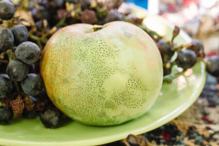 Plate with tasty fruits on the table. Blue grapes and green apple semerenko close-upの写真素材