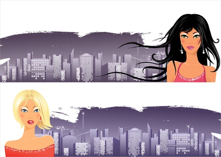 2 banners with city and beautiful girlsのイラスト素材