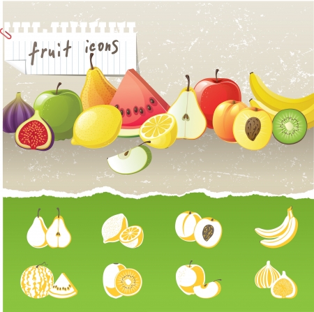 fruit border and 8 stylized fruit iconsのイラスト素材