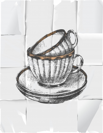 2 hand drawn cups with saucers over paper backgroundのイラスト素材