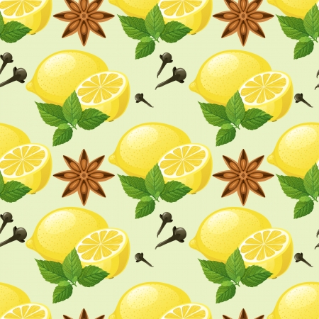 Seamless pattern with lemon, mint, anise star and clovesのイラスト素材
