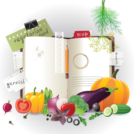 Highly detailed open cookbook with vegetablesのイラスト素材