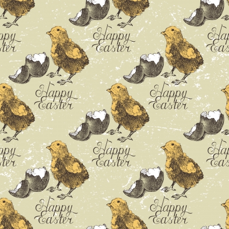 Hand drawn Easter seamless with chicks and broken eggshellのイラスト素材