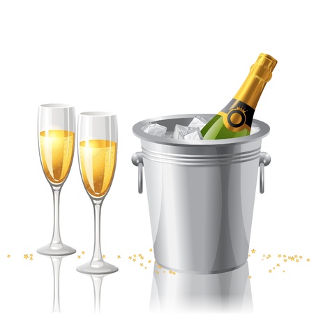 2 full glasses and a bottle of champaigne in a bucket with iceのイラスト素材