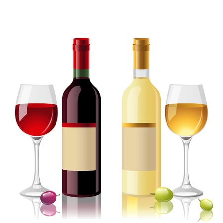 2 bottles of red and white wine with full glassesのイラスト素材