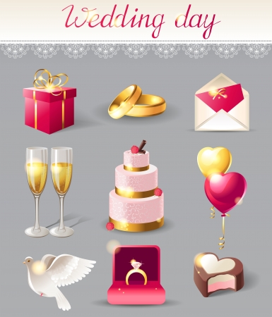 Wedding day icons set in pink and gold colorsのイラスト素材