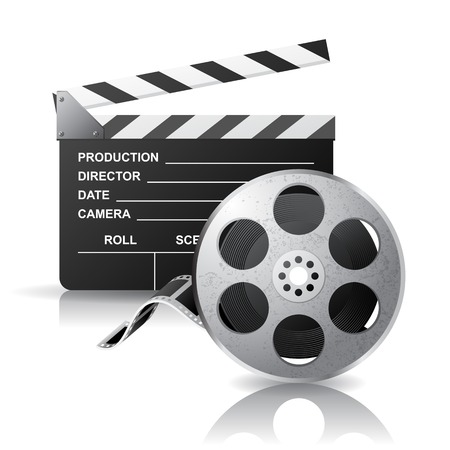 Movie clapper and film reel over white backgroundのイラスト素材