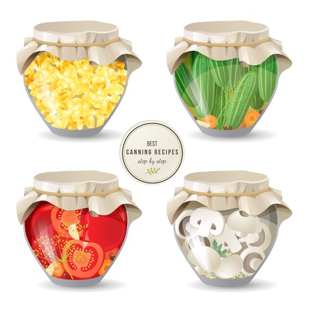 4 jars with canned mushrooms and vegetablesのイラスト素材