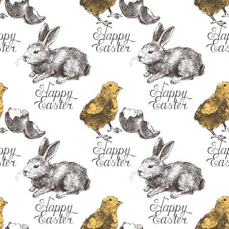 Easter seamless background with hand drawn bunny and chickenのイラスト素材
