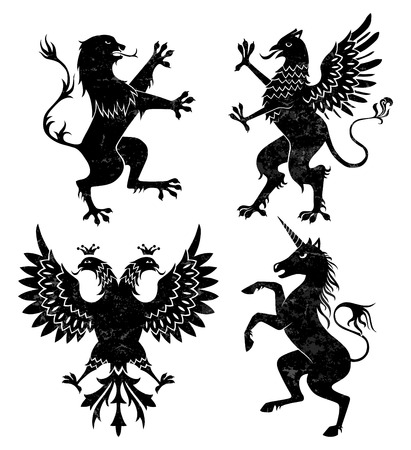 4 heraldic animals - lion, griffin, eagle and unicornのイラスト素材