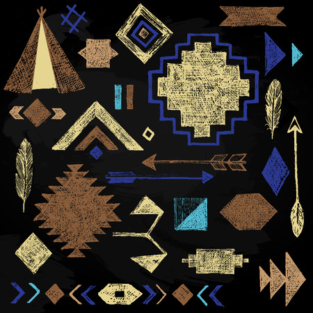 Hand drawn tribal elements set on black backgroundのイラスト素材