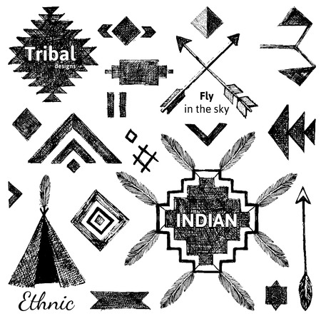 Hand drawn tribal elements set on white backgroundのイラスト素材