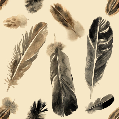 Watercolor feathers seamless pattern in vintage styleのイラスト素材
