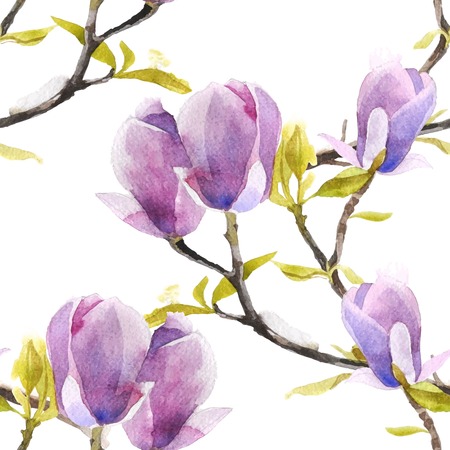 Watercolor magnolia seamless pattern on white backgroundのイラスト素材