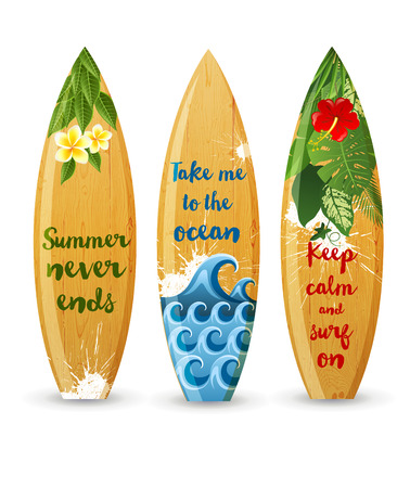 3 wooden surfboards with prints and different type designsのイラスト素材