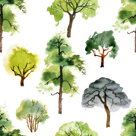 seamless pattern with watercolor trees on white backgroundのイラスト素材