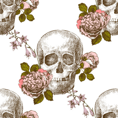 Seamless pattern with hand drawn skull with flowers on white backgroundのイラスト素材