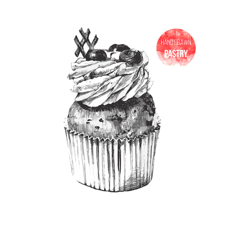 Black and white hand drawn cupcake in vintage styleのイラスト素材