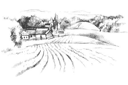 Hand drawn black and white landscape with fieldsのイラスト素材
