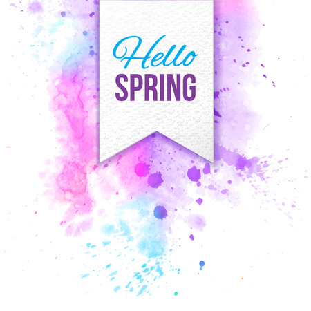 hello spring text bage over bright watercolor backgroundのイラスト素材