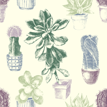 hand drawn seamless pattern with cactuses and succulentsのイラスト素材