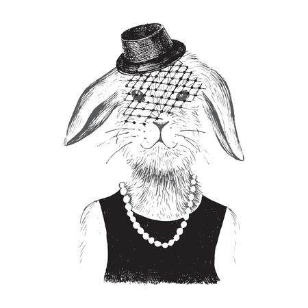 Hand drawn dressed up bunny  girl in hipster styleのイラスト素材