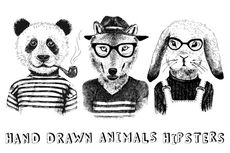 Hand drawn dressed up animals set in hipster styleのイラスト素材