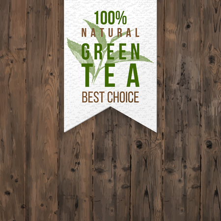 Green Tea paper label on wooden backgroundのイラスト素材
