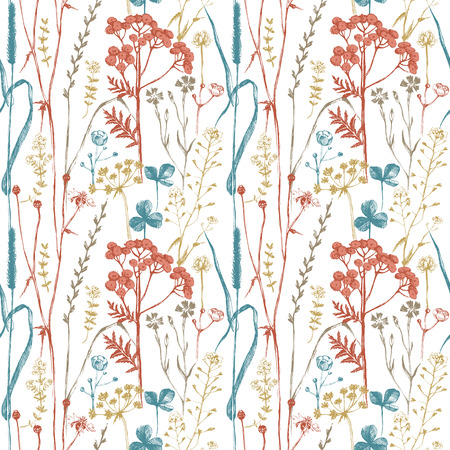 Seamless pattern with hand drawn herbs and flowersのイラスト素材