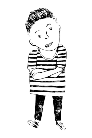 Hand drawn black and white boy character on white backgroundのイラスト素材