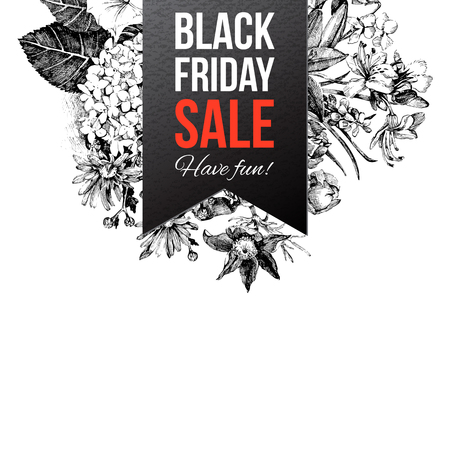 Paper Black Friday sale label on hand drawn floral backgroundのイラスト素材