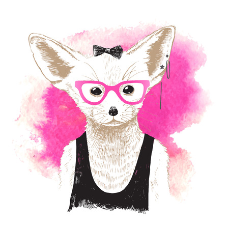 Hand drawn dressed up fennec over pink watercolor backgroundのイラスト素材
