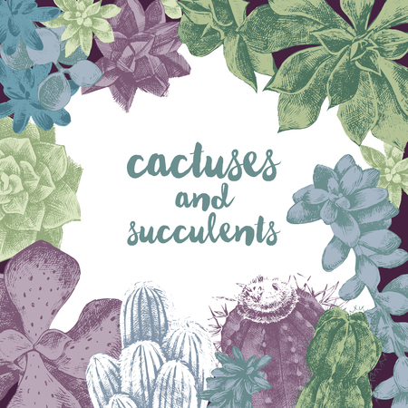 Hand drawn frame made with cactuses and succulents. Hand drawn illustrationのイラスト素材