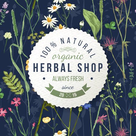 Herbal shop round emblem over wild herbs and flowers pattern. Easy to use in your organic and eco friendly designsのイラスト素材