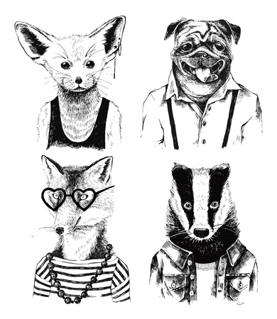 Hand drawn dressed up black and white badger in hipster styleのイラスト素材
