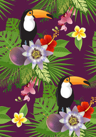toucan and tropical plants and flowers seamless patternのイラスト素材
