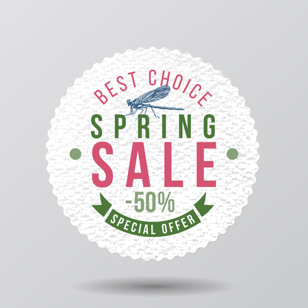 Spring sale round paper emblem with dragonflyのイラスト素材