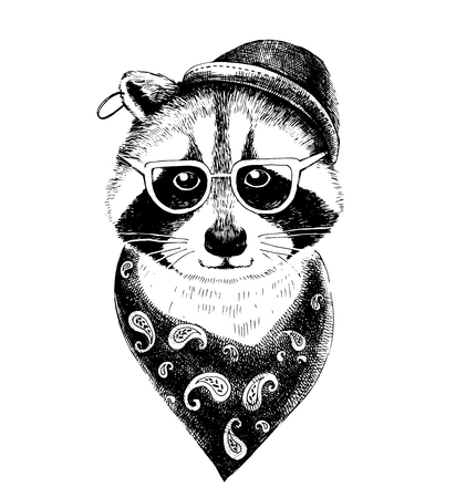 Hand drawn dressed up raccoon hipster. Fashion vector illustrationのイラスト素材