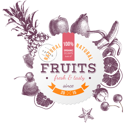 Round emblem with hand drawn fruitsのイラスト素材