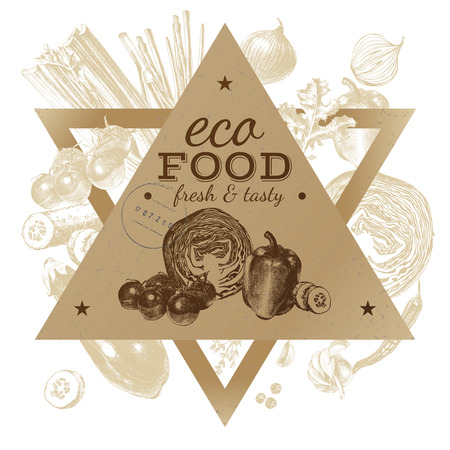 Hand drawn eco food background with craft paper emblem. Vector illustrationのイラスト素材